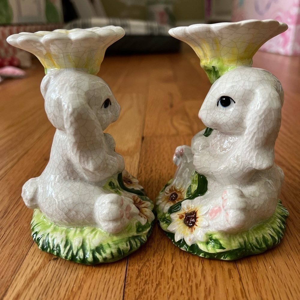 Hand painted Spring White Bunny Ceramic Candle holder Easter Bunny Crackle Paint - Picture 8 of 11